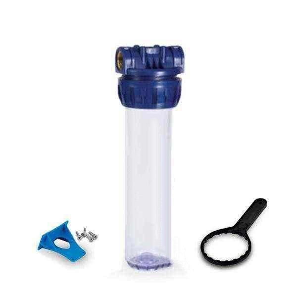 Contenitore vessel per filtro acqua da 10" trasparente, chiave e staffa IN/OUT 1"